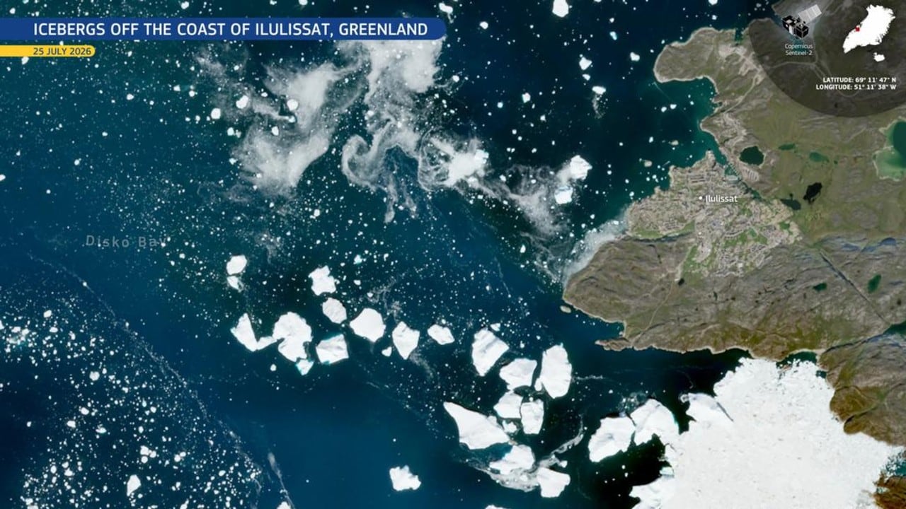 La imagen satelital del mismo día en que se dio vuelta el iceberg frente a Ilulissat.