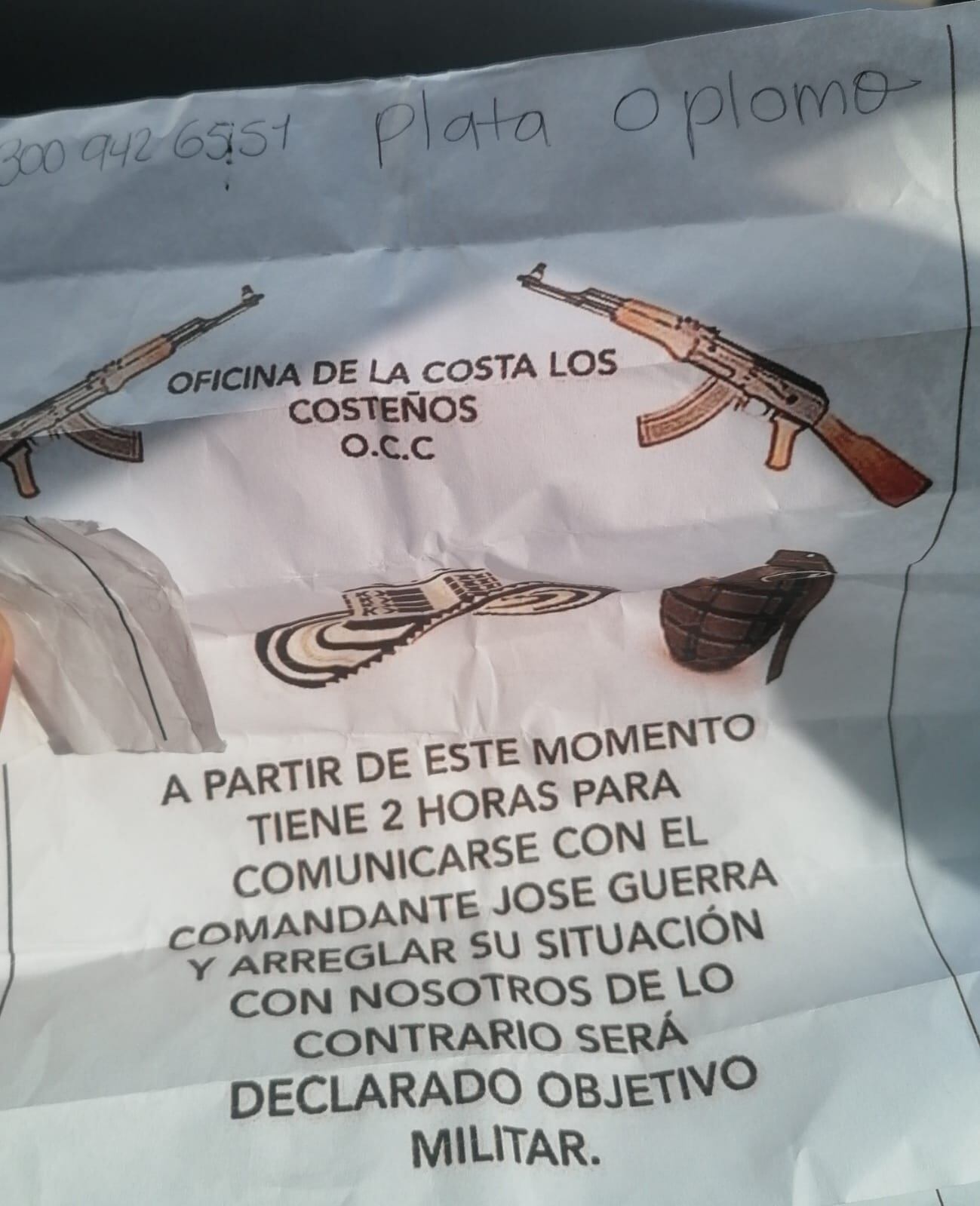 Panfleto amenazante en región de la costa