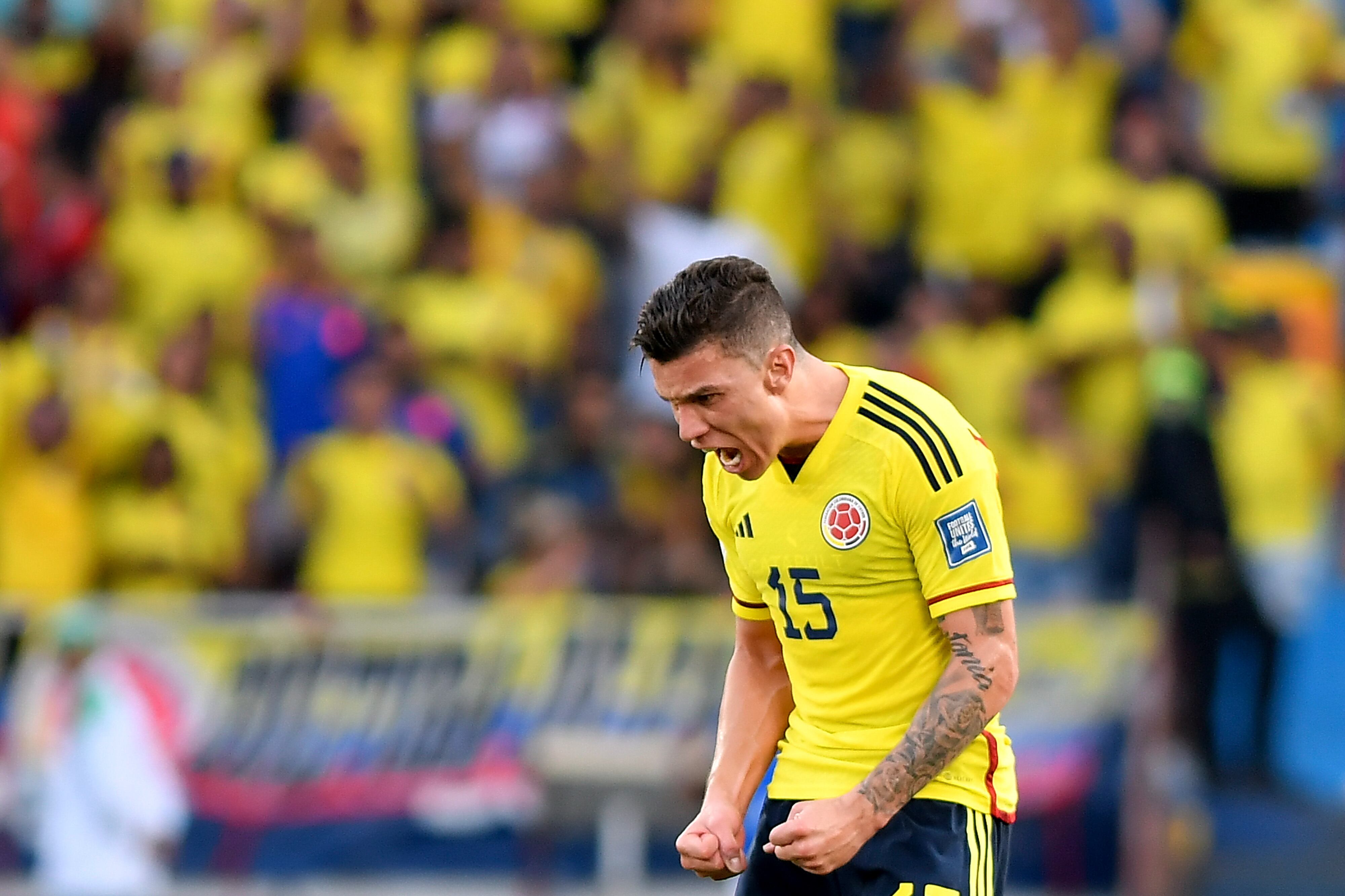 BARRANQUILLA, COLOMBIA - OCTOBER 12: Matheus Uribe of Colombia celebrates after scoring the second goal of his team during a FIFA World Cup 2026 Qualifier match between Colombia and Uruguay at Roberto Melendez Metropolitan Stadium on October 12, 2023 in Barranquilla, Colombia. (Photo by Gabriel Aponte/Getty Images)