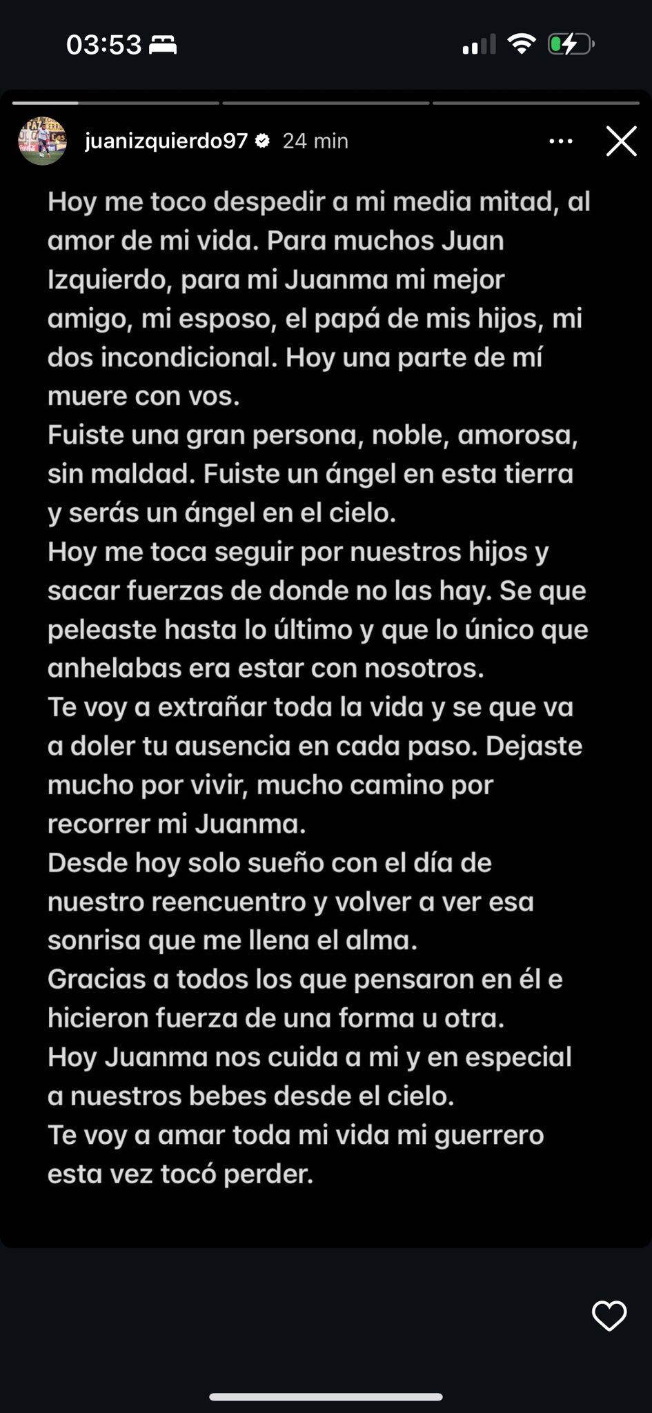 El duro mensaje de la esposa de Juan Izquierdo, luego de su fallecimiento