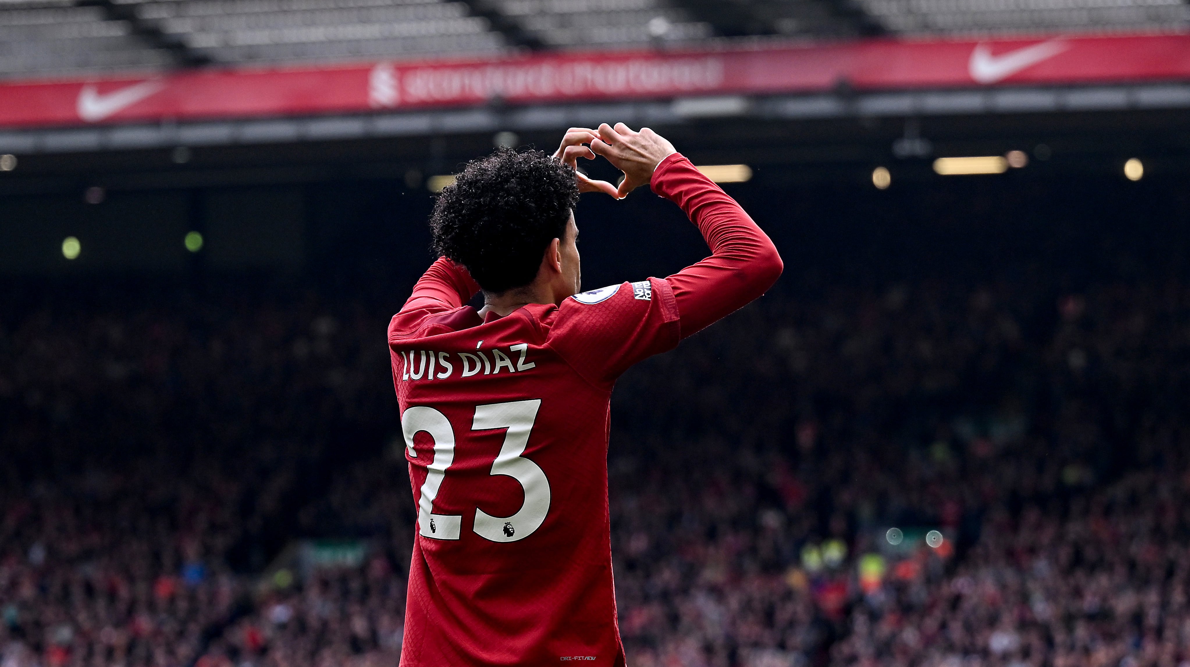 LIVERPOOL, ENGLAND - APRIL 30: (THE SUN OUT, THE SUN ON SUNDAY OUT) Luis Diaz of Liverpool celebrates after scoring the second goal during the Premier League match between Liverpool FC and Tottenham Hotspur at Anfield on April 30, 2023 in Liverpool, England. (Photo by Andrew Powell/Liverpool FC via Getty Images)
