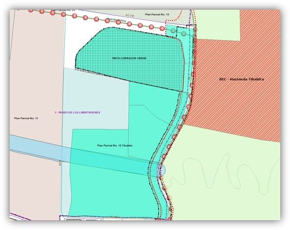 Este es el mapa del predio dónde estaría ubicado el patio portal del Corredor Verde. Está con fondo verde y rayas negras.