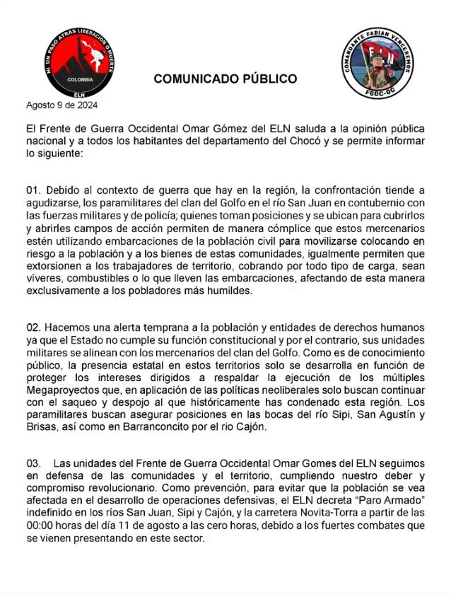 Comunicado del ELN sobre paro armado en el Chocó.