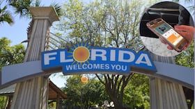 Señal de bienvenida a Florida junto a una licencia de conducción digital: turistas pueden manejar con documento extranjero vigente, pero deben cumplir requisitos estatales y recomendaciones adicionales.