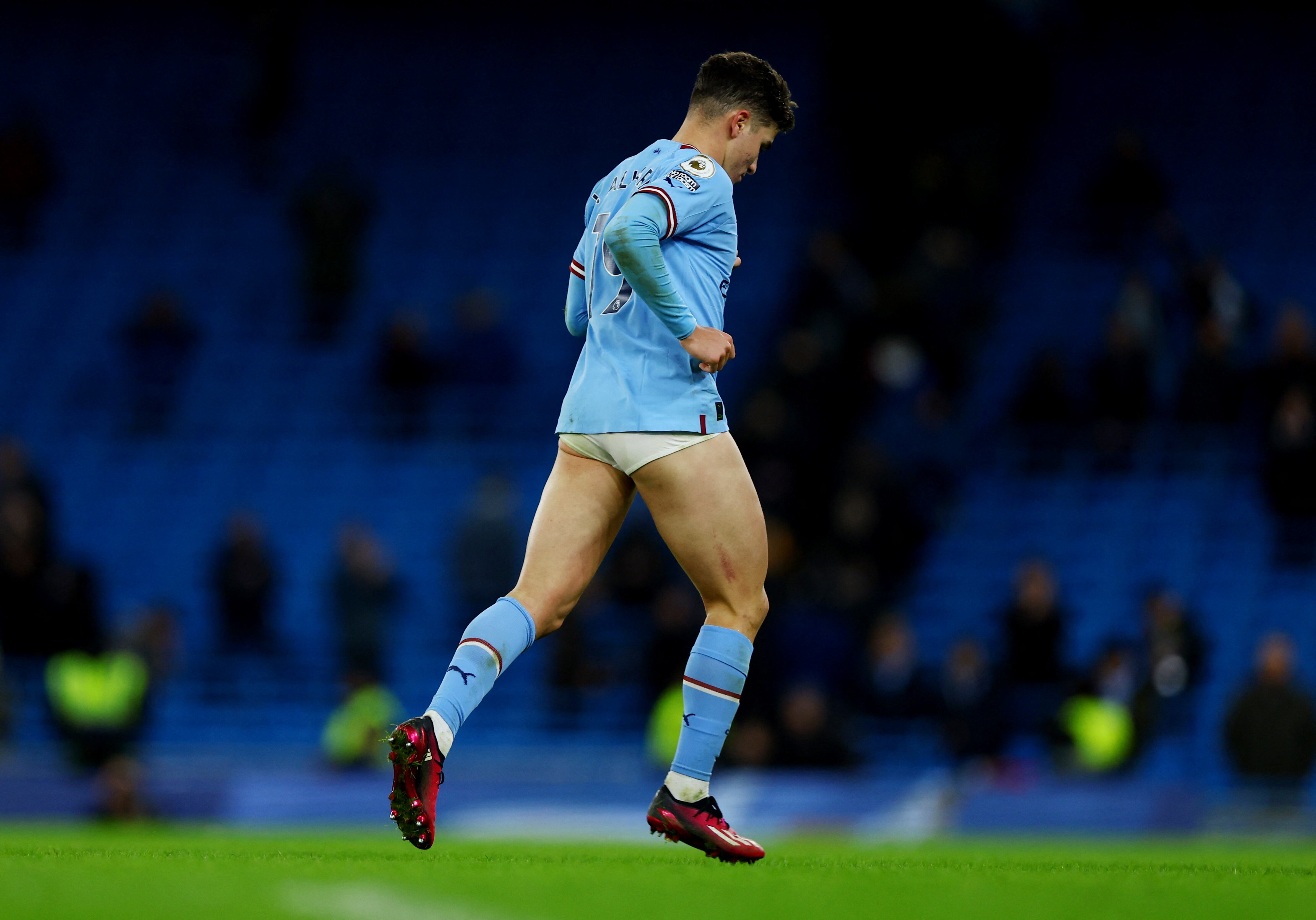 Soccer Football - Premier League - Manchester City v Tottenham Hotspur - Etihad Stadium, Manchester, Britain - January 19, 2023 Manchester City's Julian Alvarez celebrates after the match REUTERS/Molly Darlington