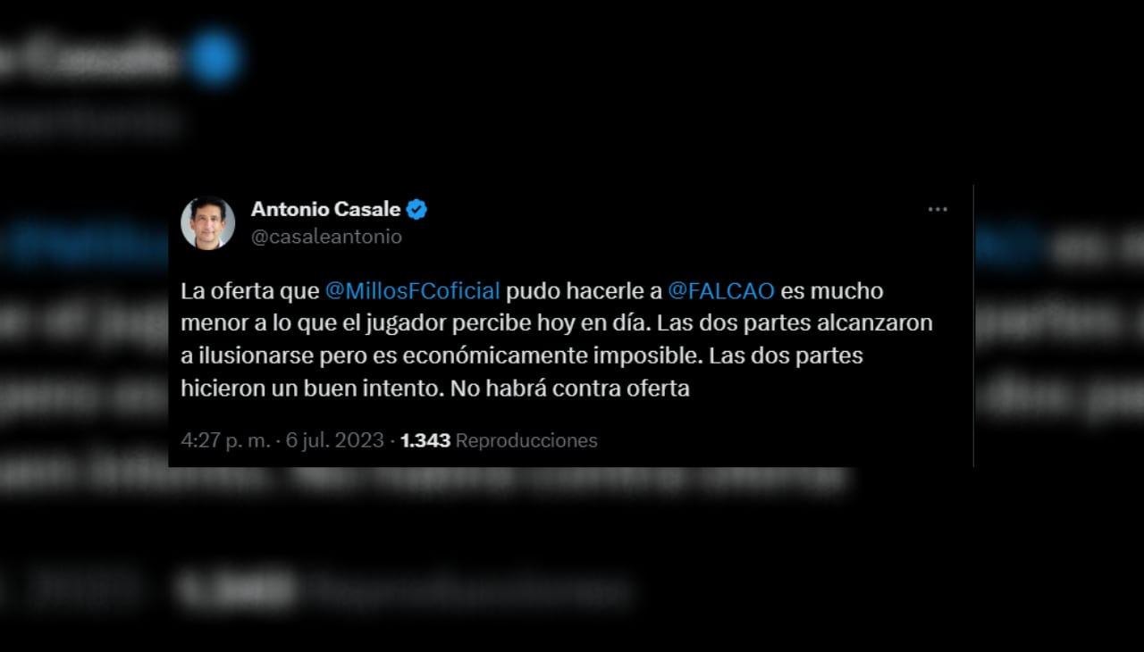 Antonio Casale y su trino sobre la posible llegada de Falcao.