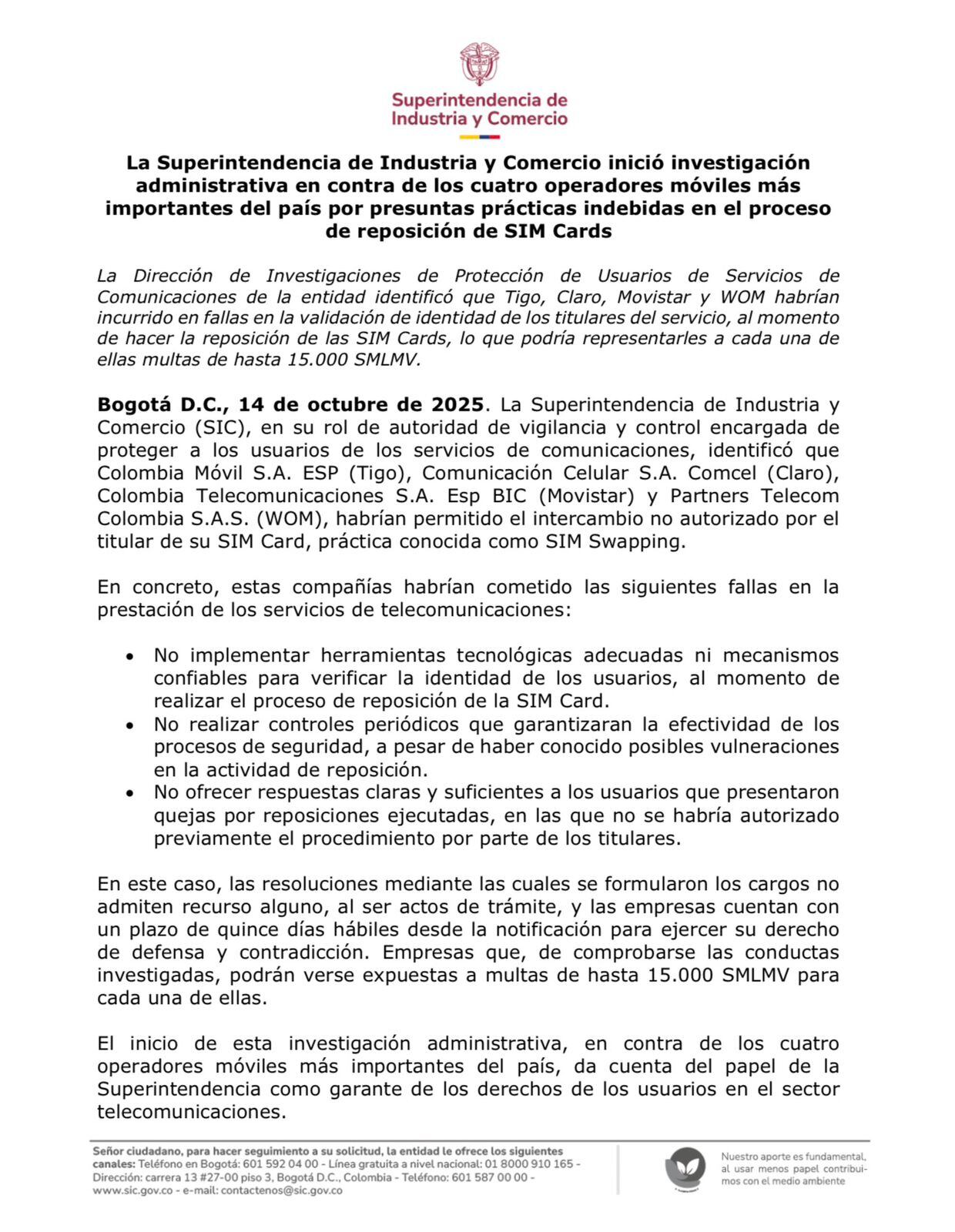 Comunicado Superintendencia de Industria y Comercio
