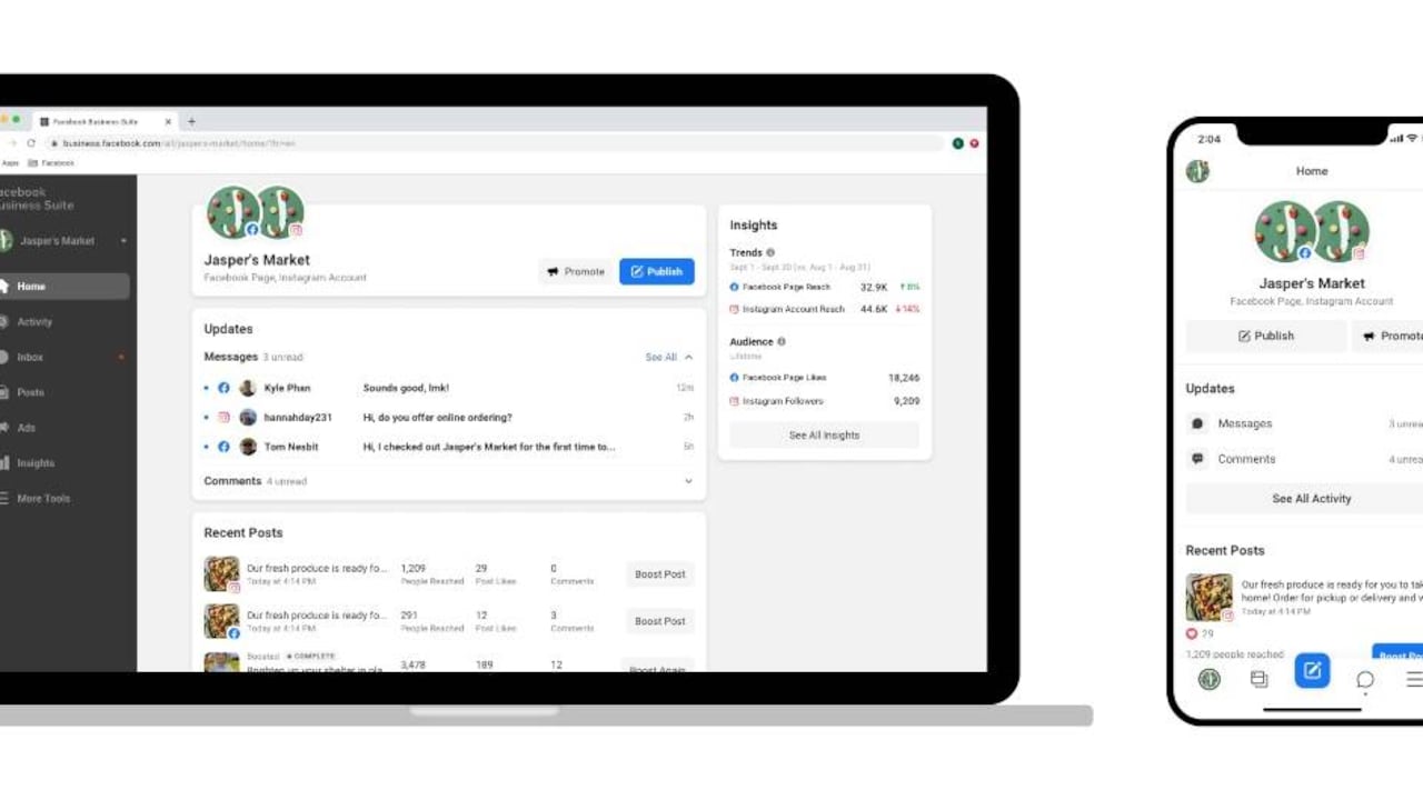 Facebook Business Suite será totalmente gratuita y estará disponible en versión web y aplicaciones. Facebook.