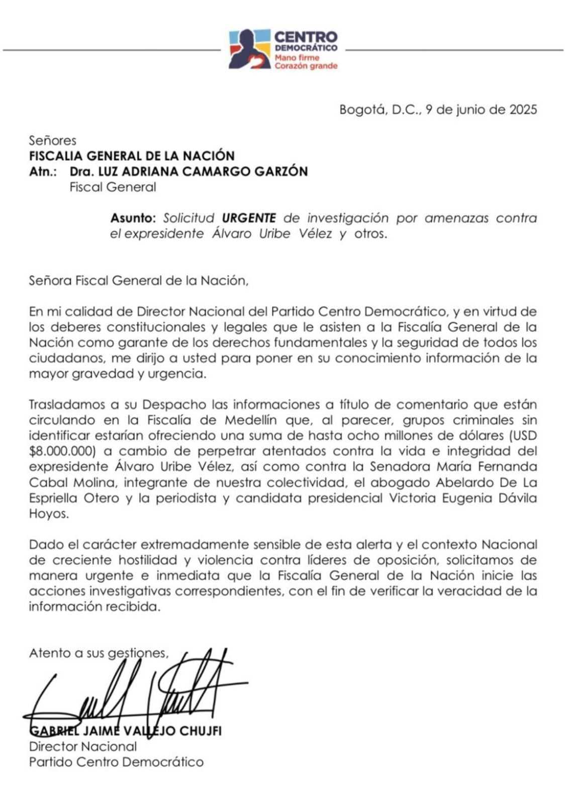 Esta es la carta del Centro Democrático a la Fiscalía General de la Nación.