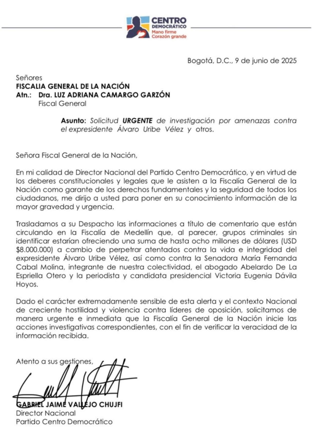 Esta es la carta del Centro Democrático a la Fiscalía General de la Nación.