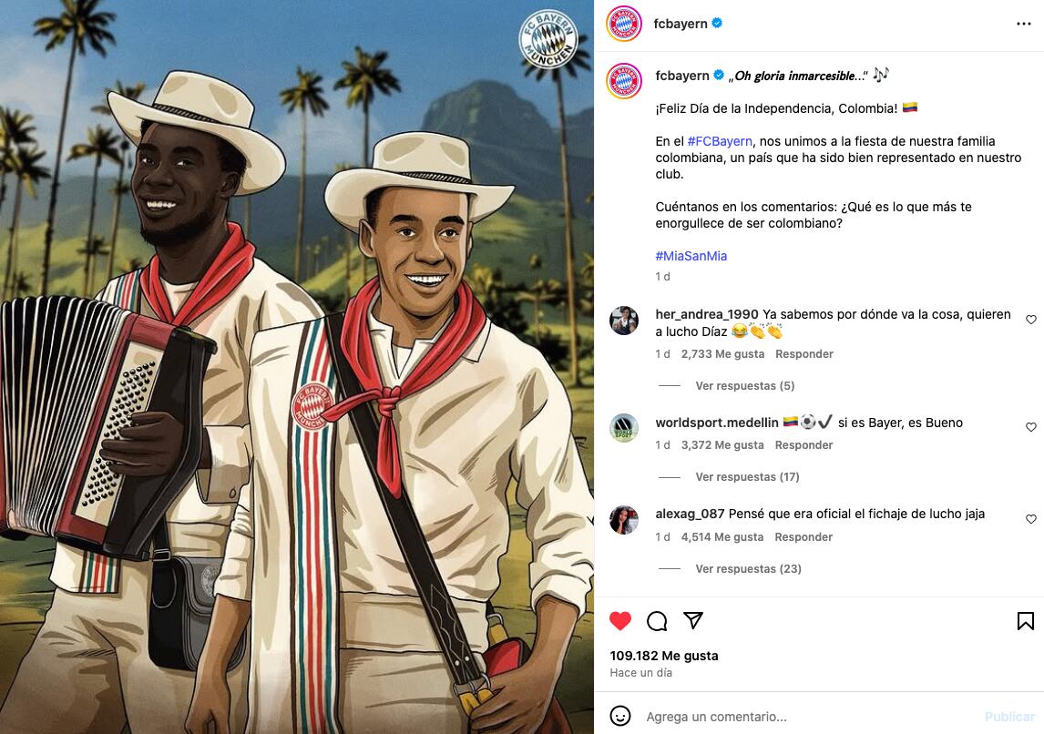 La publicación de Bayern Múnich para felicitar a Colombia por su independencia