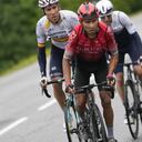 Colombia's Nairo Quintana, center, Spain's Omar Fraile, left, and Michael Woods of Canada climb Col des Saisies pass during the ninth stage of the Tour de France cycling race over 144.9 kilometers (90 miles) with start in Cluses and finish in Tignes, France, Sunday, July 4, 2021. (AP Photo/Daniel Cole)