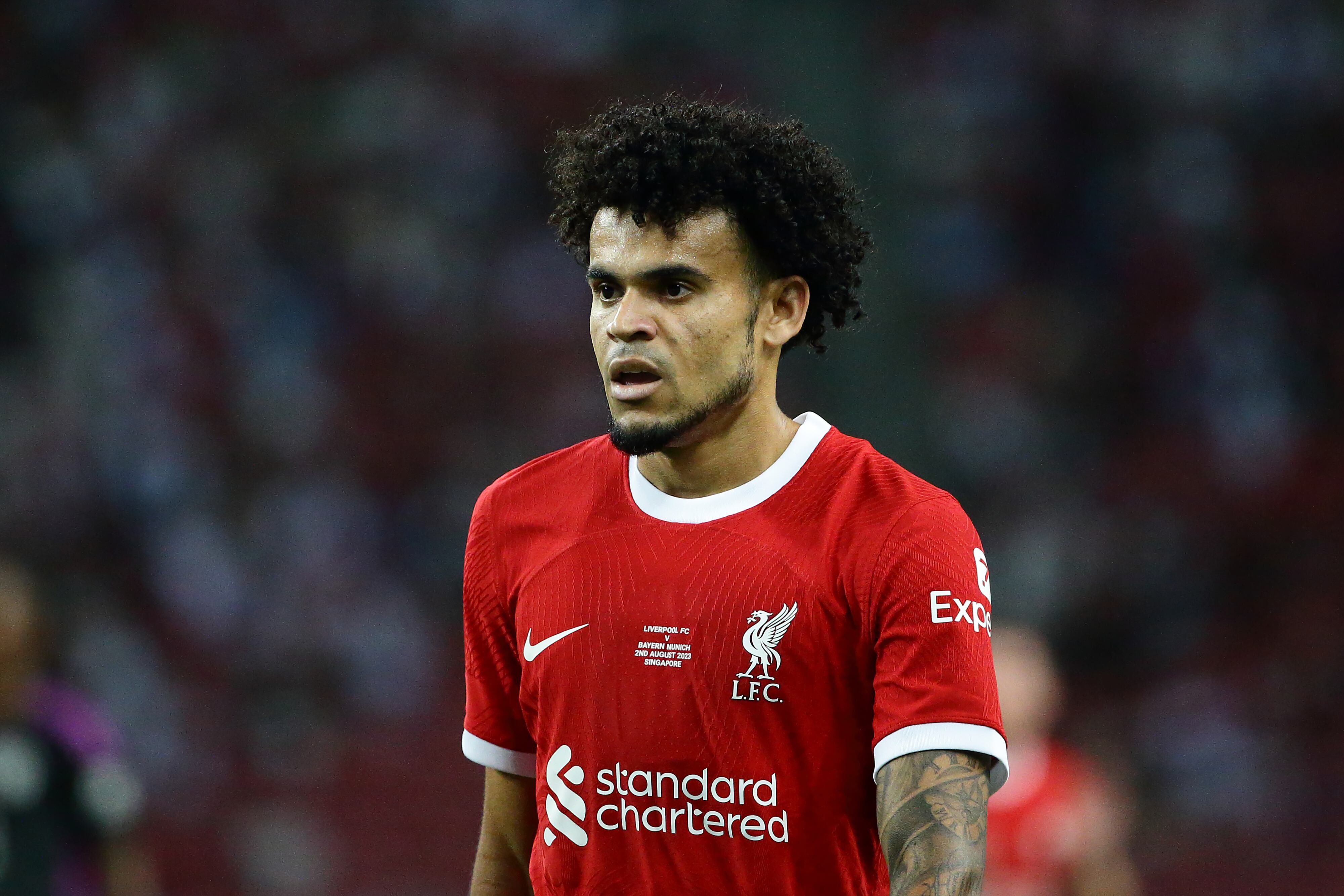 Luis Diaz of Liverpool in action during the pre-season friendly match between Bayern Munich and Liverpool at National Stadium on August 2, 2023 in Singapore.
 (Photo by Suhaimi Abdullah/NurPhoto via Getty Images)