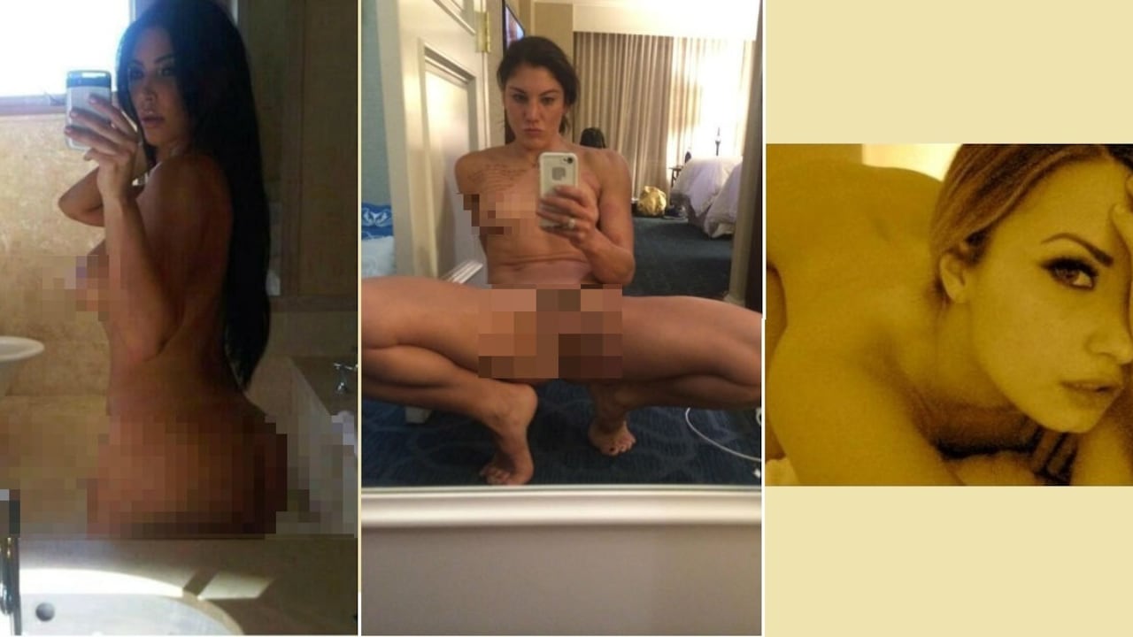 En una nueva filtración, aparentes fotos de Kim Kardashian (izq.), la estrella del fútbol Hope Solo (centro) y la cantante Demi Lovato (der.) desnudas fueron publicadas en la web.