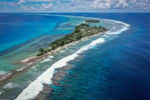 Vista aérea de Tuvalu desde Drone. Isla, agua, océano, palmeras, olas. Uno de los países menos visitados del mundo.