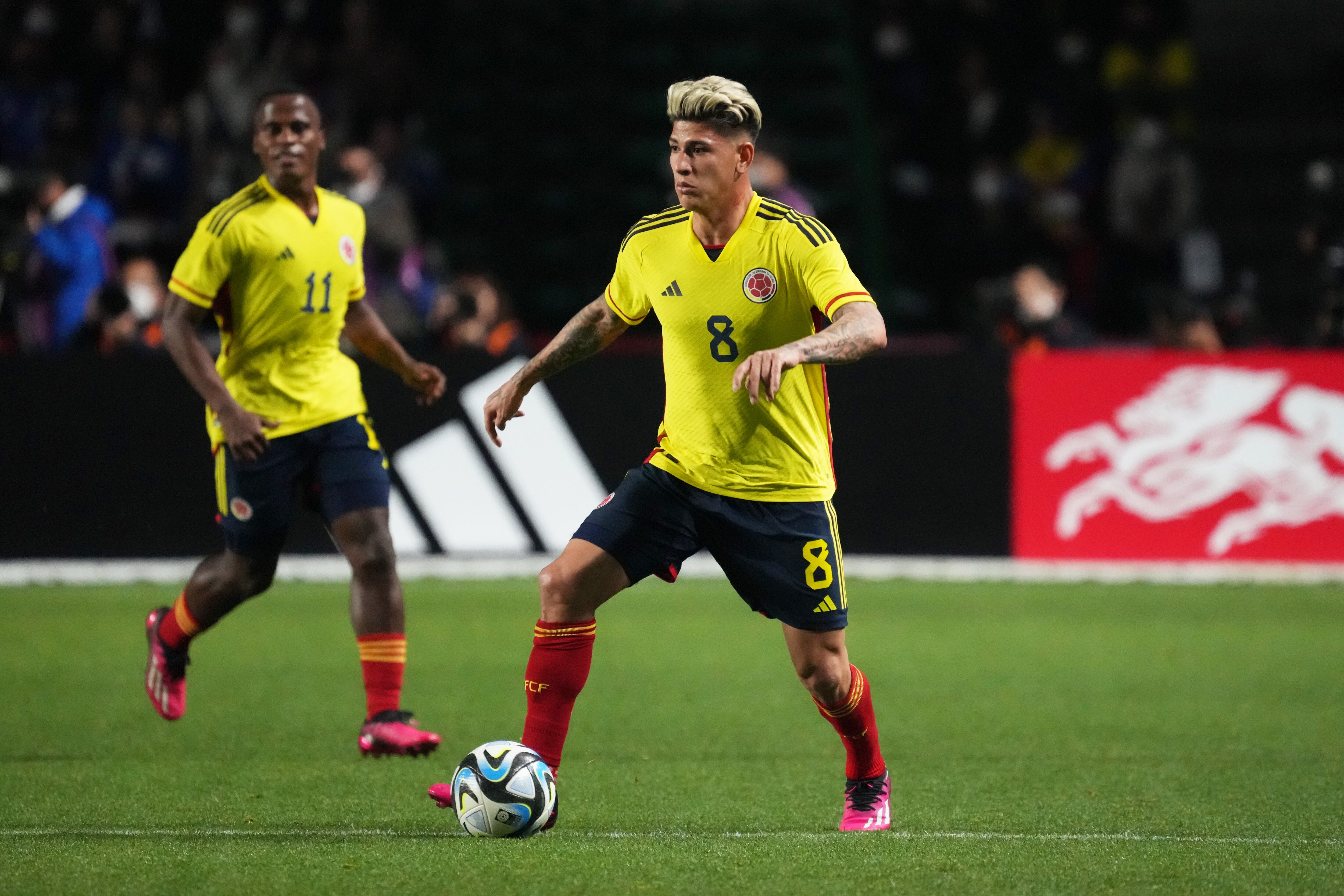 OSAKA, JAPAN - MARCH 28: Jorge Carrascal of Colombia in action during the international friendly between Japan and Colombia at Yodoko Sakura Stadium on March 28, 2023 in Osaka, Japan. (Photo by Etsuo Hara/Getty Images)