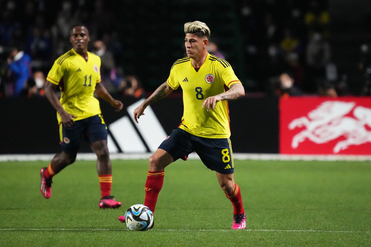 OSAKA, JAPAN - MARCH 28: Jorge Carrascal of Colombia in action during the international friendly between Japan and Colombia at Yodoko Sakura Stadium on March 28, 2023 in Osaka, Japan. (Photo by Etsuo Hara/Getty Images)