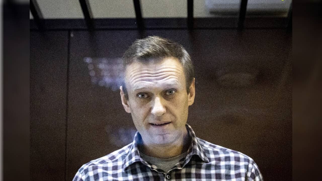El líder opositor, Alexéi Navalny, observa a los fotógrafos desde una celda en el tribunal de distrito de Babuskinsky, el 20 de febrero de 2021, en Moscú, Rusia.