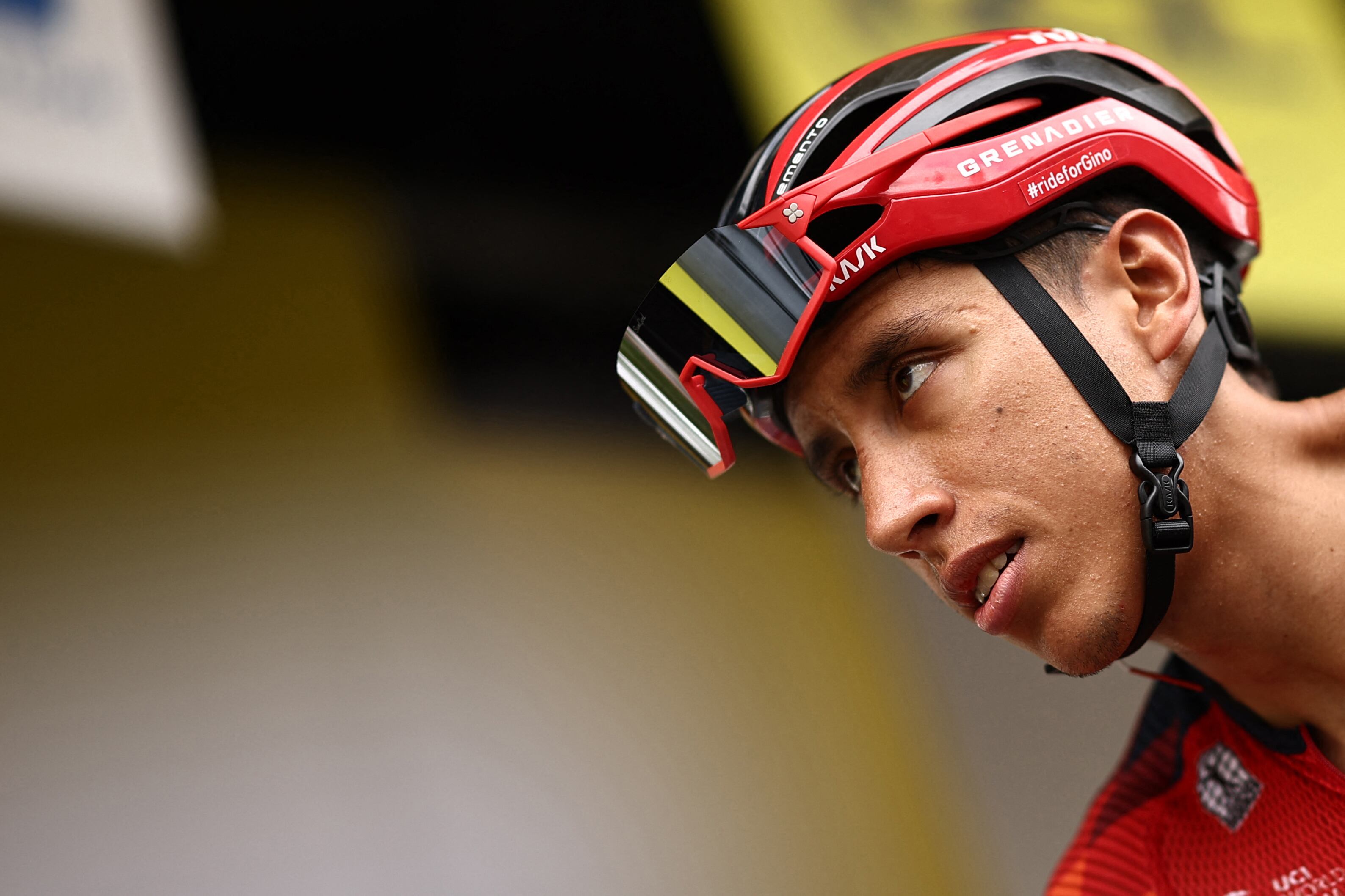 INEOS - Grenadiers' Colombian rider Egan Bernal takes to the stage before the start of the 2nd stage of the 110th edition of the Tour de France cycling race 208,9 km between Vitoria-Gasteiz and San Sebastian, in northern Spain, on July 2, 2023. (Photo by Anne-Christine POUJOULAT / AFP)