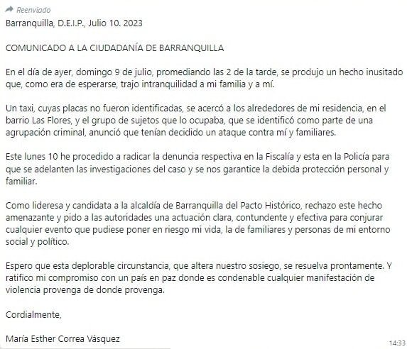 Este fue el comunicado que hizo la precandidata y que fue publicado en sus redes