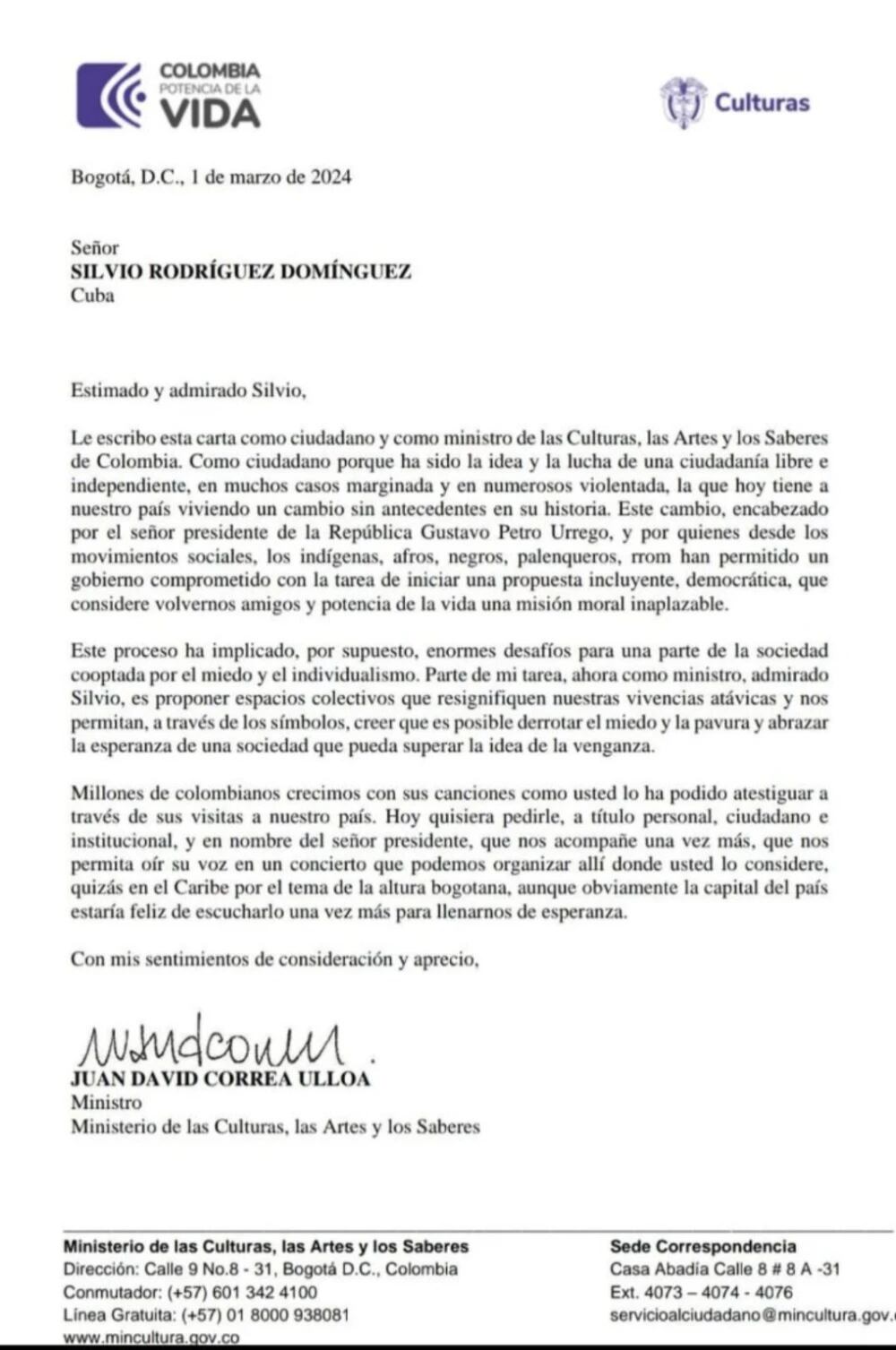 Correa señaló también que el cambio que vive el país está encabezado por el presidente, Gustavo Petro, y por quienes desde “los movimientos sociales,  los afros, los indígenas, negros, palenqueros, han permitido un Gobierno comprometido con la tarea de iniciar una propuesta incluyente, democrática, que considere volvernos amigos y potencia de la vida”.