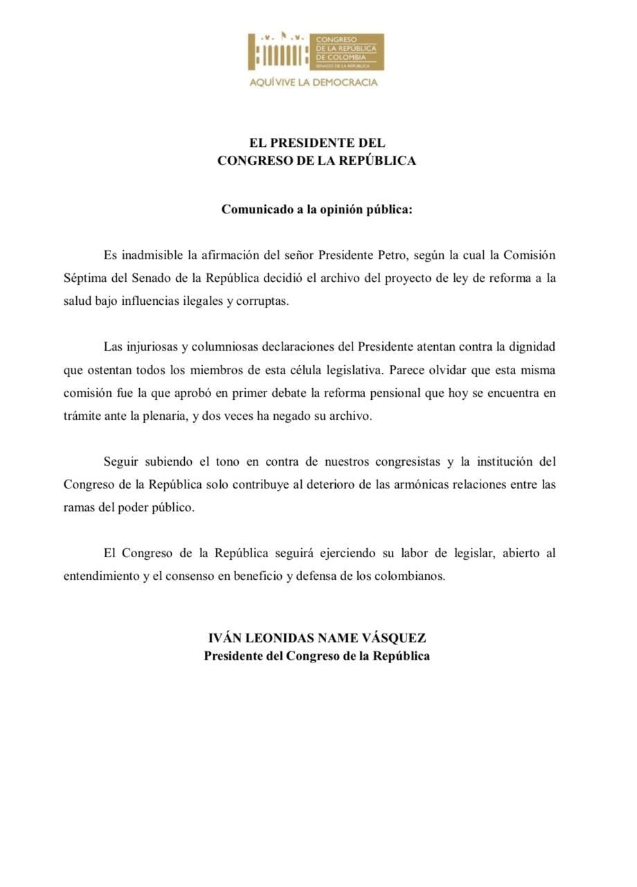 Comunicado del presidente del Congreso, Iván Name.