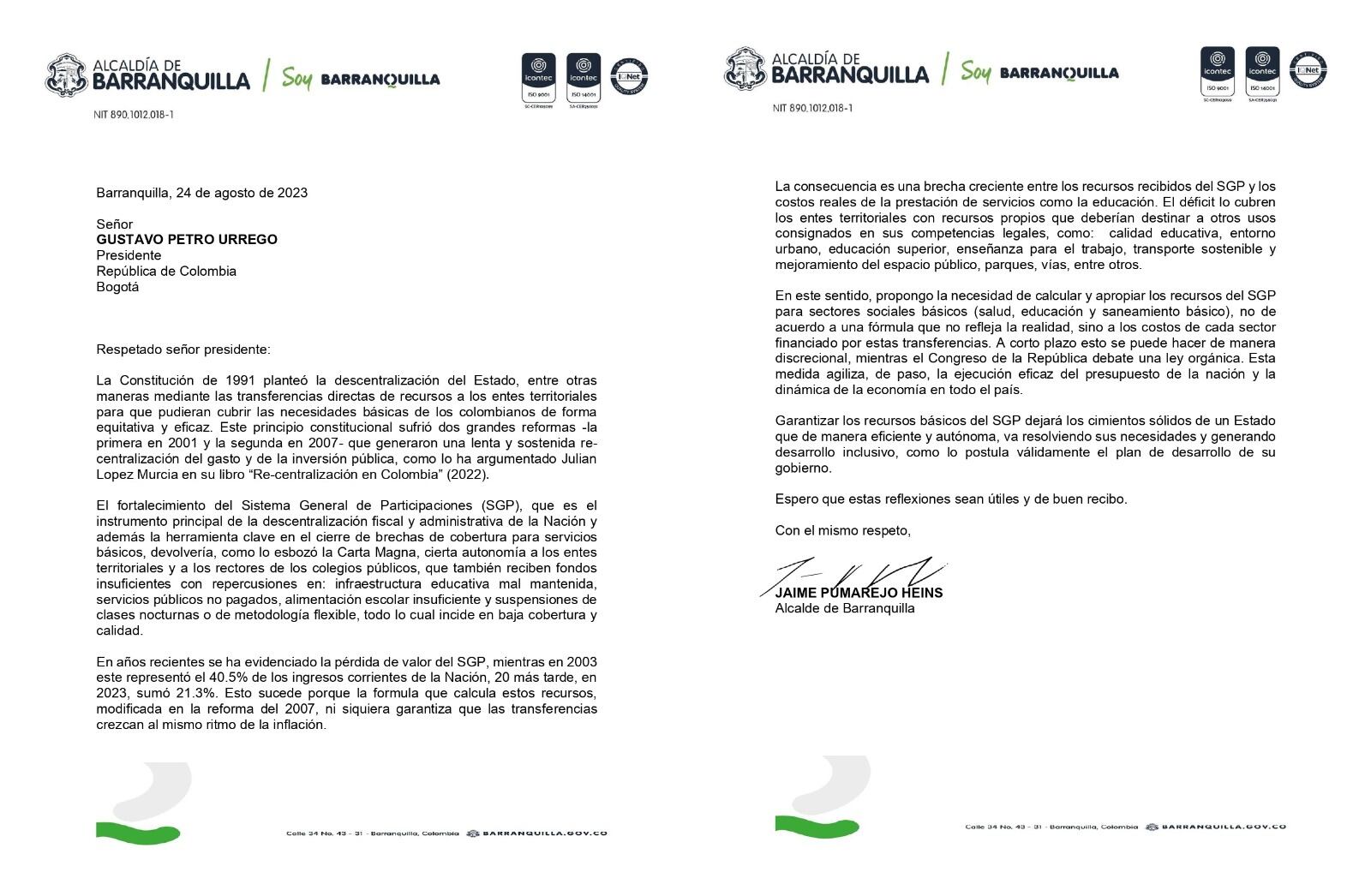 Esta es la carta enviada por el alcalde al presidente Petro
