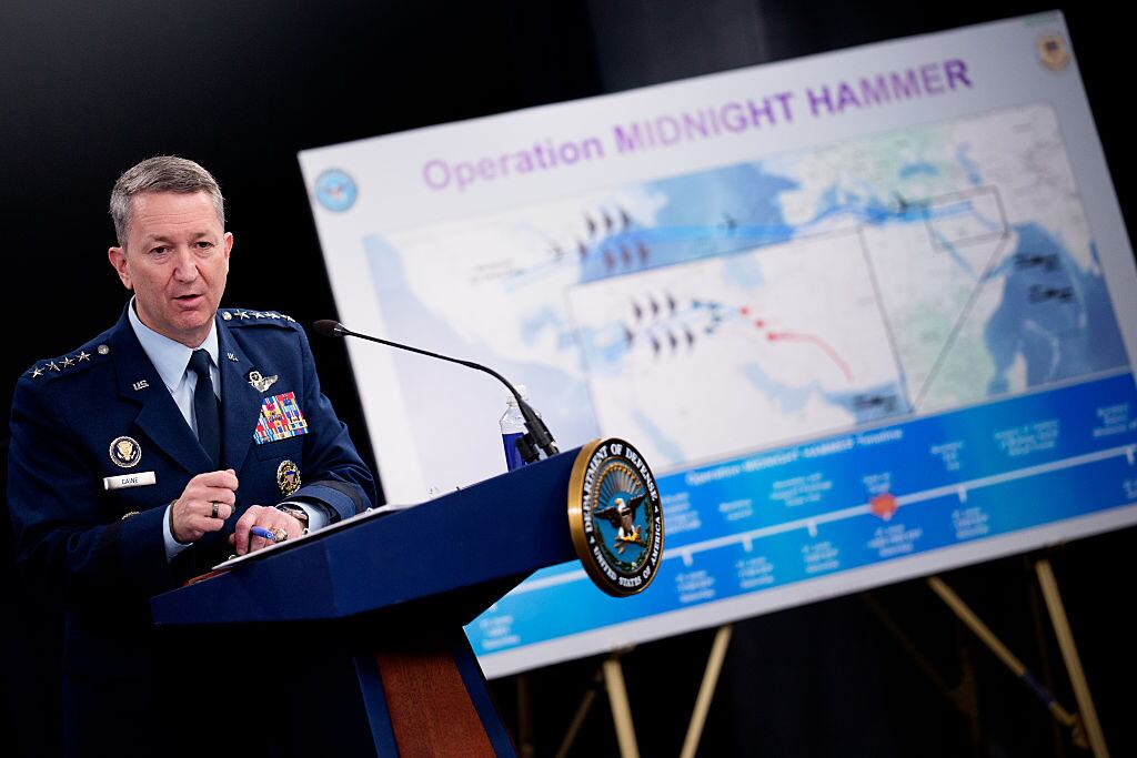 ARLINGTON, VIRGINIA - JUNE 22: Chairman of the Joint Chiefs of Staff Air Force Gen. Dan Caine discusses the mission details of a strike on Iran during a news conference at the Pentagon on June 22, 2025 in Arlington, Virginia. U.S. President Donald Trump gave an address to the nation last night after three Iranian nuclear facilities were struck by the U.S. military. (Photo by Andrew Harnik/Getty Images)