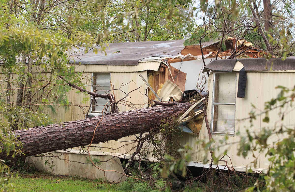 Una casa móvil es destruida por un árbol caído, el viernes 28 de agosto de 2020, en Westlake, Luisiana, mientras continúan los esfuerzos de limpieza después del huracán Laura. Foto: Kirk Meche / American Press vía AP
