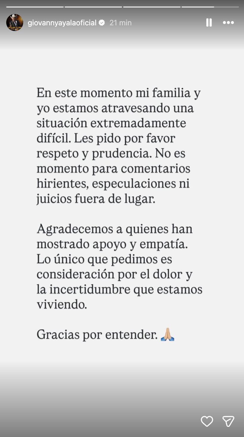 Giovanny Ayala se pronunció por secuestro de su hijo Miguel.