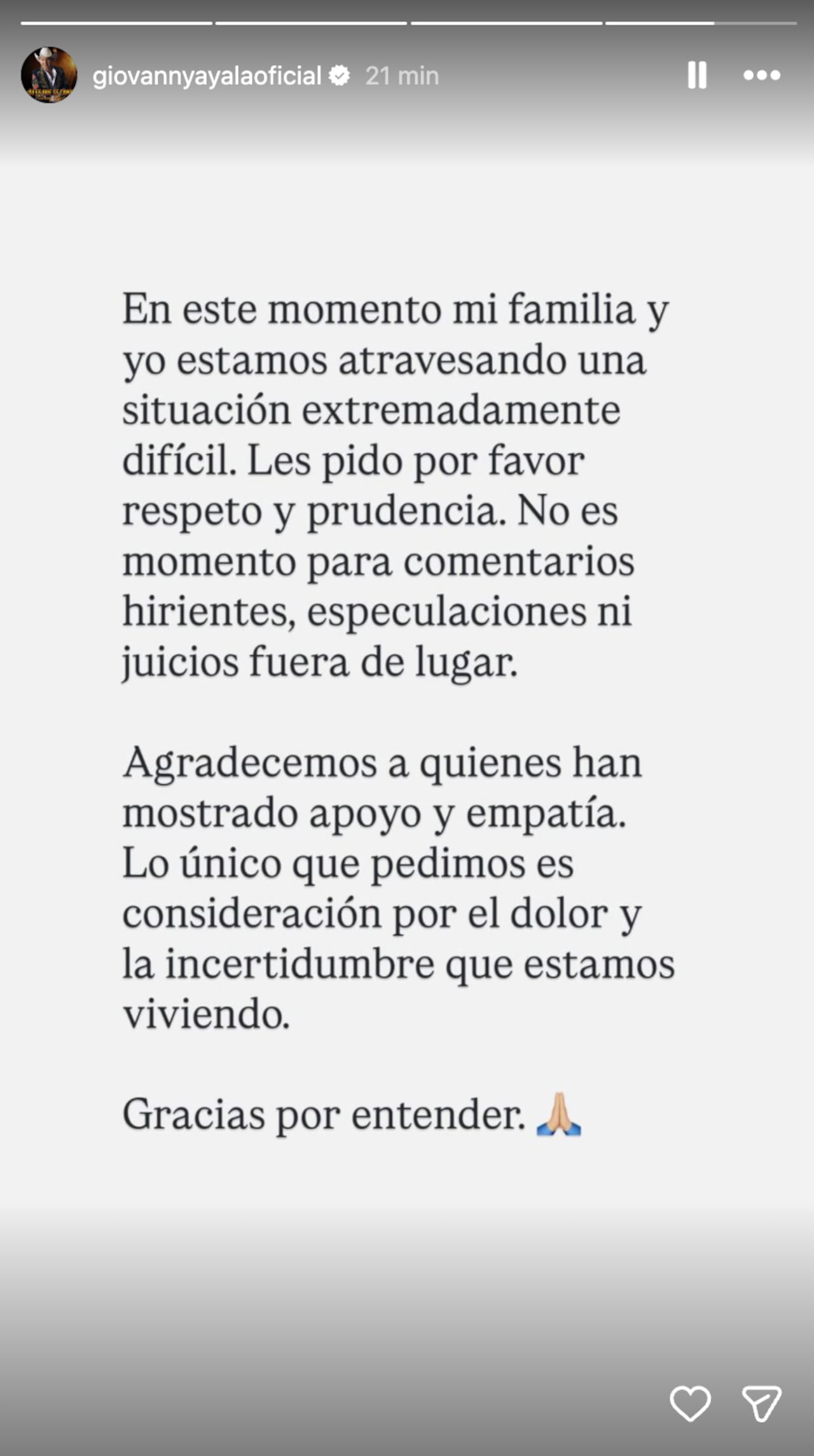 Giovanny Ayala se pronunció por secuestro de su hijo Miguel.