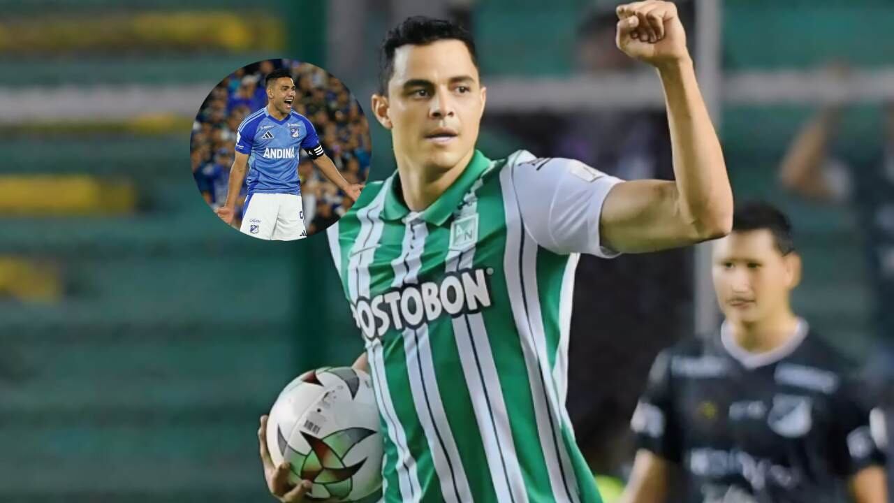 Gio Moreno celebra un gol con Nacional / Falcao en Millonarios.