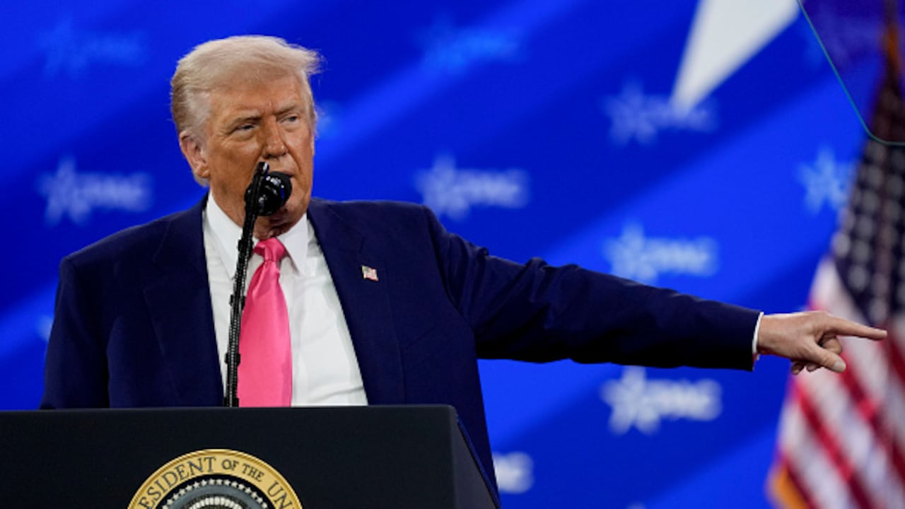 US President Donald Trump during the Conservative Political Action Conference (CPAC) in National Harbor, Maryland, US, on Saturday, Feb. 22, 2025. The Conservative Political Action Conference launched in 1974 brings together conservative organizations, elected leaders, and activists. Photographer: Kent Nishimura/Bloomberg via Getty Images