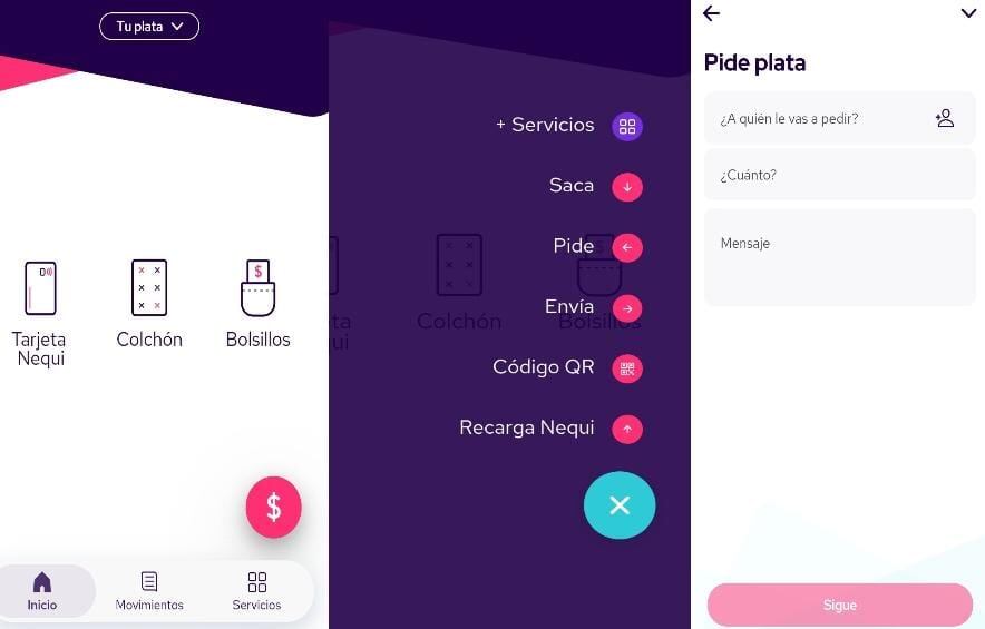 Opción para pedir plata por Nequi