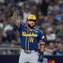Milwaukee Brewers left fielder Jackson Chourio celebrates his base hit during the fifth inning of Game 3 of baseball's World Series, Monday, Oct. 26, 2026, in St. Petersburg, Fla., between the Milwaukee Brewers and the Tampa Bay Rays. (AP Photo/Chris O'Meara)