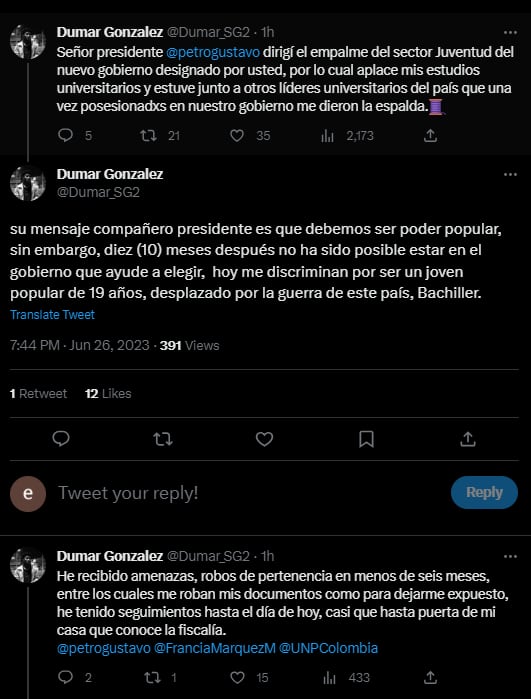 El vocero Dúmar González denuncia que el Gobierno Petro le dio la espalda.