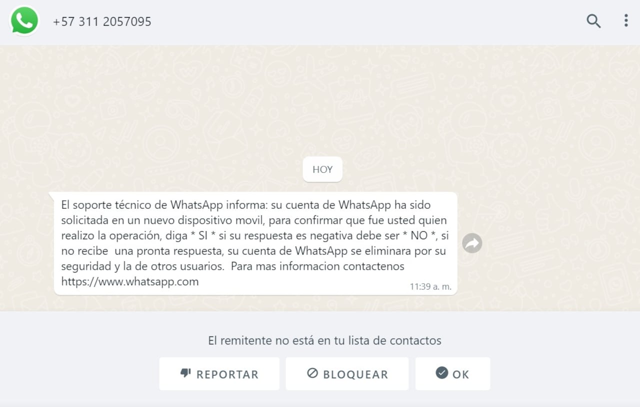 Usuarios de WhatsApp han recibido un mensaje falso indicando un supuesto intento para acceder a su perfil.