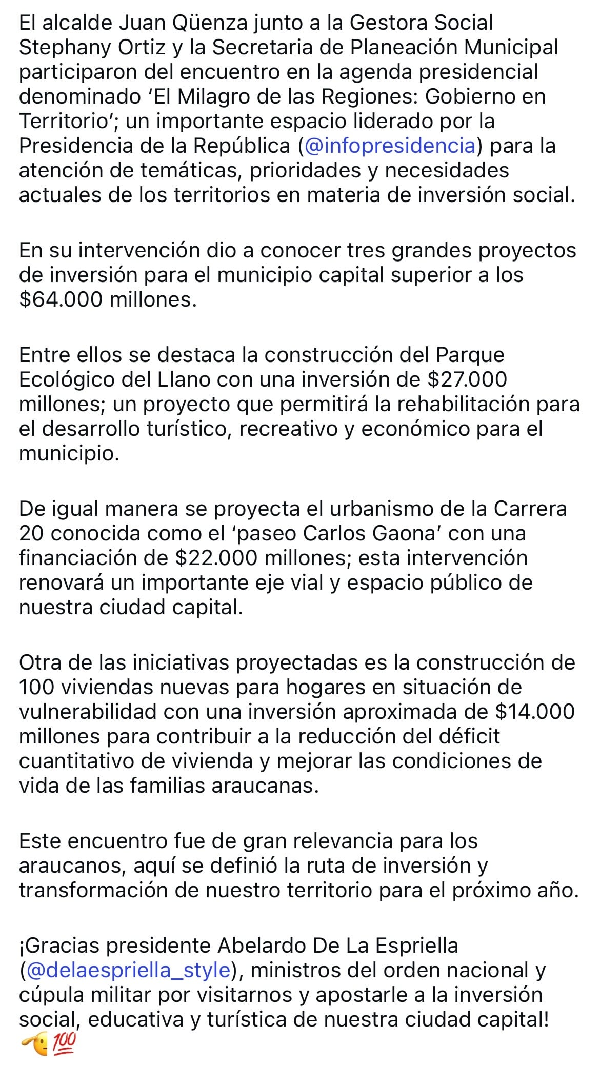 Publicación en la cuenta de Instagram del alcalde Arauca alcalde Arauca Juan Alfredo Qüenza
