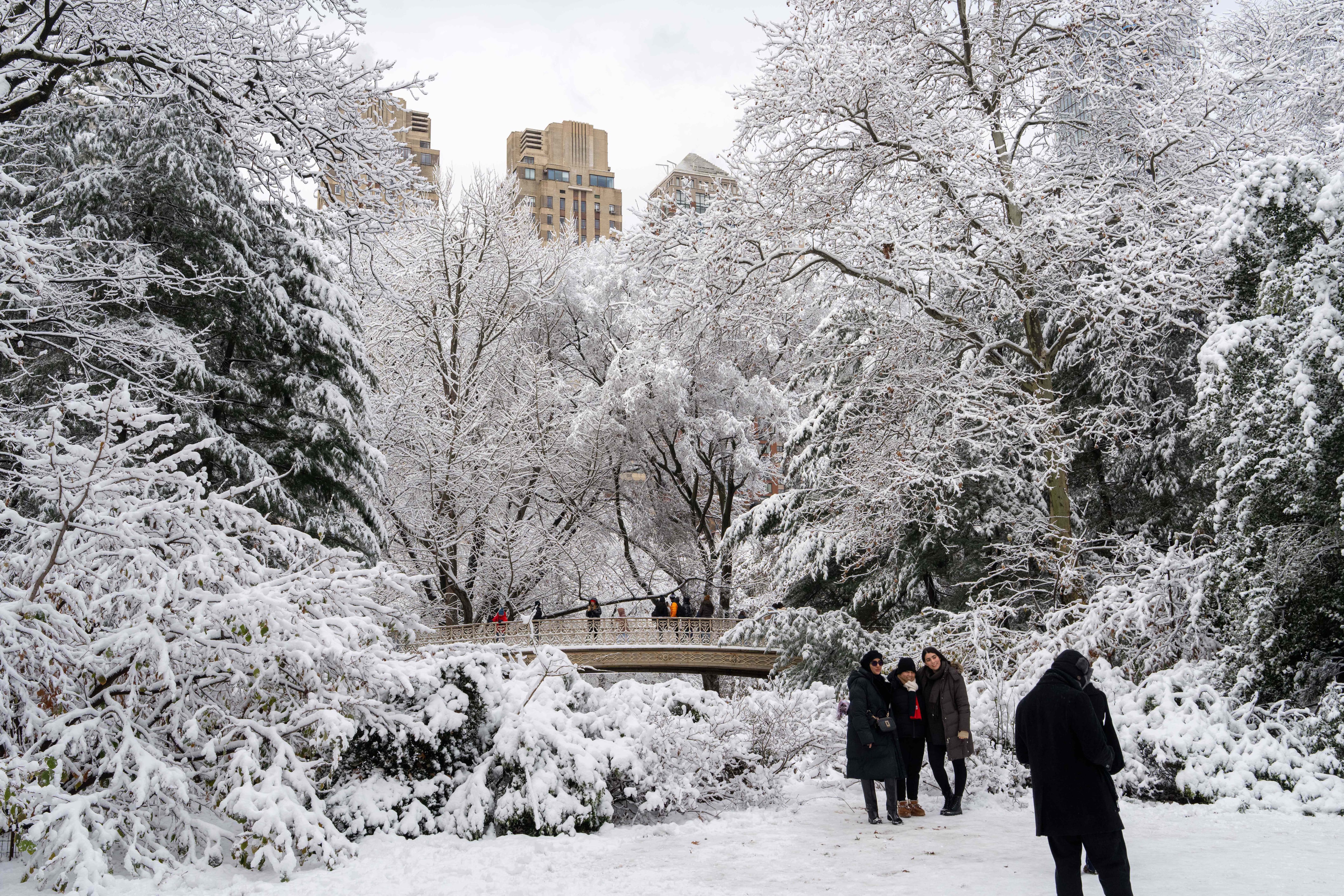 La gente se reúne en Central Park después de la nevada, el domingo 14 de diciembre de 2025, en Nueva York. (Foto AP/Adam Gray)