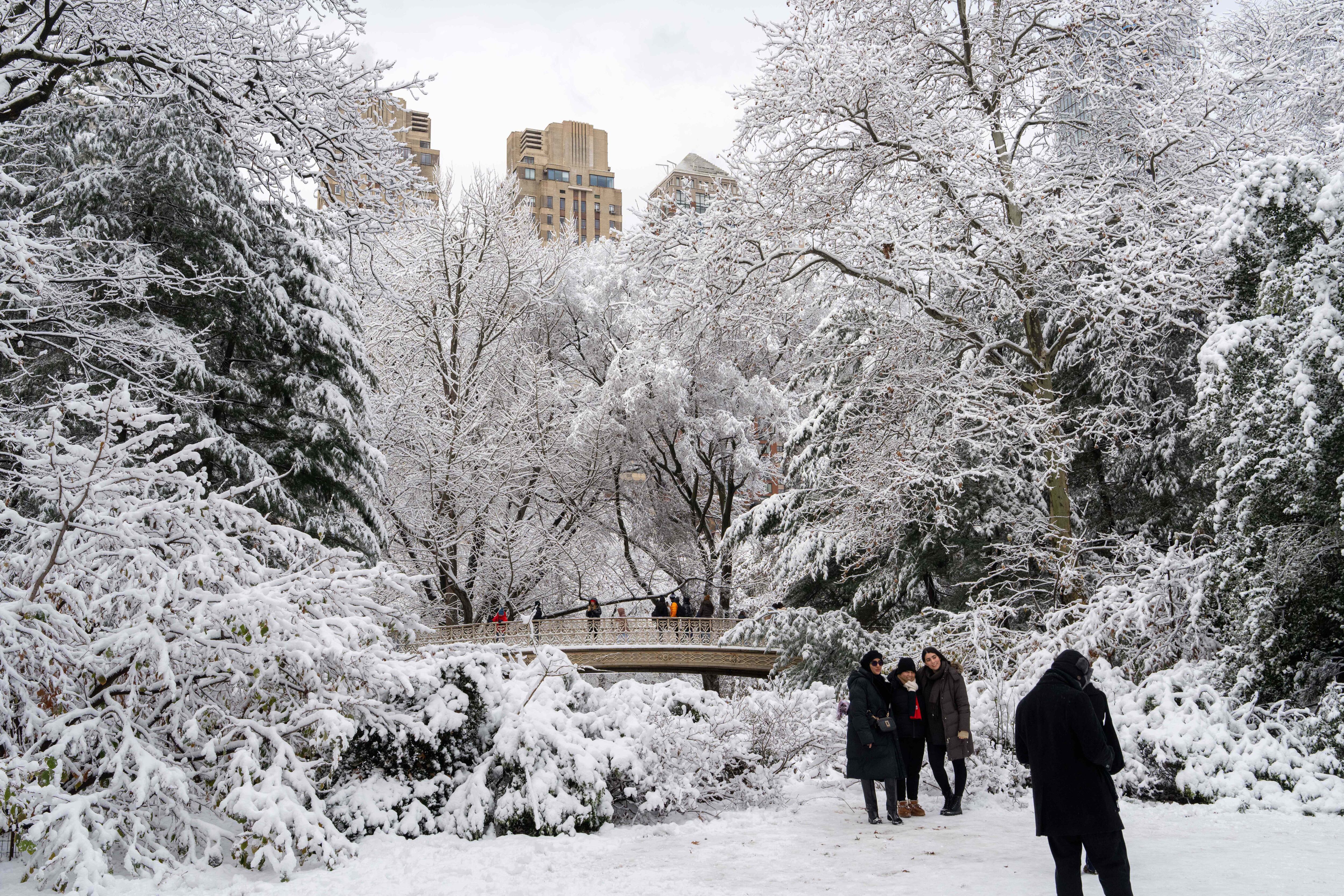 La gente se reúne en Central Park después de la nevada, el domingo 14 de diciembre de 2025, en Nueva York. (Foto AP/Adam Gray)