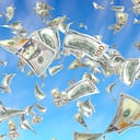 Flying dollars banknotes against the sky background. Money is flying in the air. 100 US banknotes new sample. 3D illustration