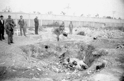 lo que parece ser cal sobre los cuerpos apilados en el fondo de la fosa. Se alcanza a ver que uno de los cadáveres sobresale sobre los demás restos. Llama la atención la actitud de dos misteriosos personajes que están más atentos a la cámara y que, por su actitud, y según los testimonios del periodista y el fotógrafo holandés, parecían estar supervisando la actividad