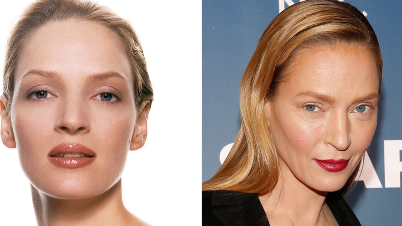 Uma Thurner antes (izquierda) y ahora (derecha).