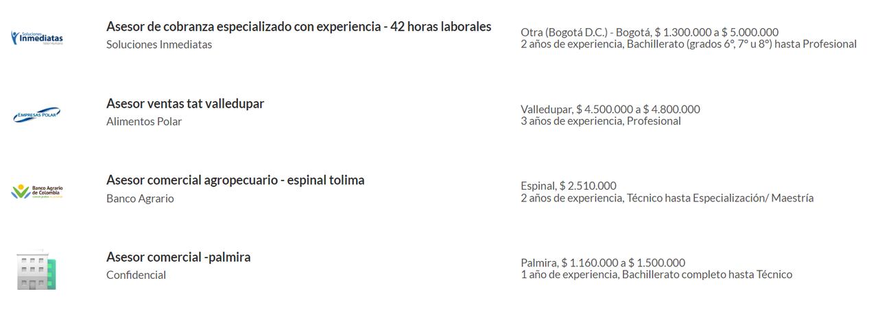 Empresas colombianas ofrecen salarios de hasta $10.000.000 de pasos para asesores comerciales.