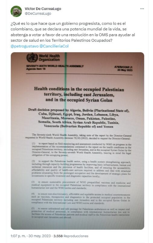 Captura de pantalla de Twitter Víctor De Currea Lugo @DeCurreaLugo