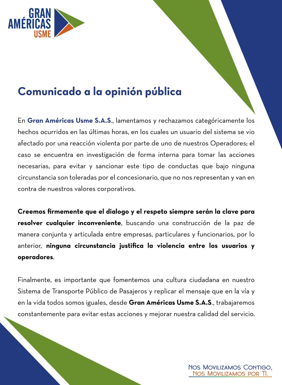 Comunicado Gran Américas sobre el incidente.