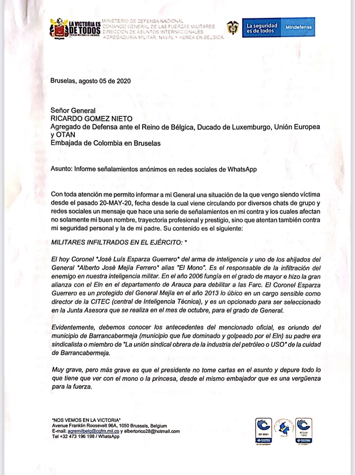 Carta caso coronel Esparza cerebro Operación Jaque