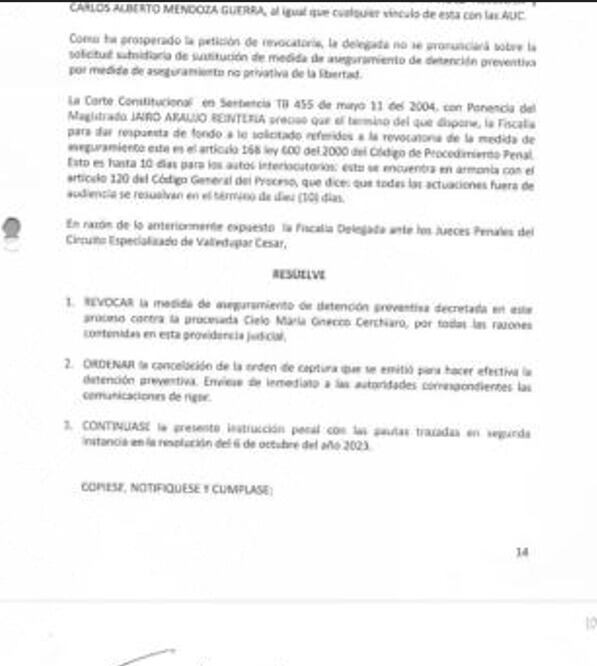 Documento que revoca la orden de captura contra Cielo Gnecco.