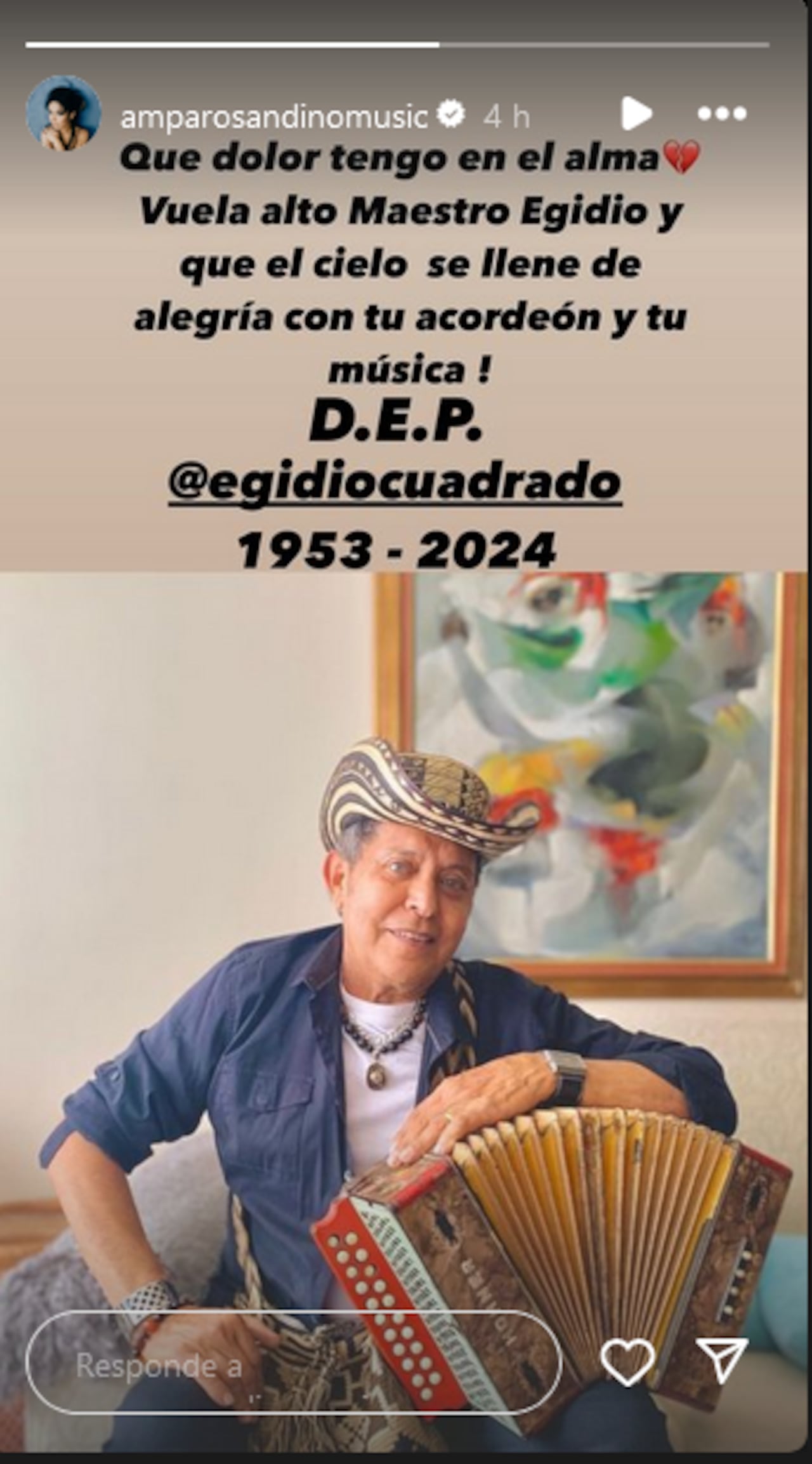 La publicación en Instagram de Amparo Sandino para despedir a su amigo Egidio Cuadrado