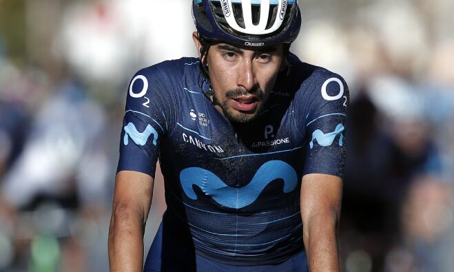 OTURA, SPAIN - FEBRUARY 18: Ivan Ramiro Sosa Cuervo of Colombia and Movistar Team reacts after cross the finishing line during the 68th Vuelta A Andalucia - Ruta Del Sol 2022 - Stage 3 a 153,2km stage from Lucena to Otura / #68RdS / on February 18, 2022 in Otura, Spain. (Photo by Getty Images/Bas Czerwinski)